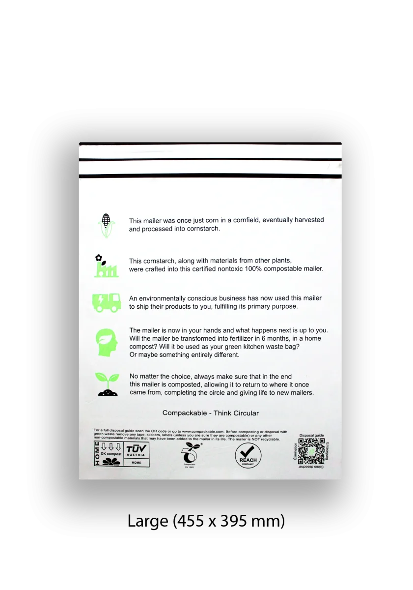 Backside of large white compostable mailer with black and green text and symbols.