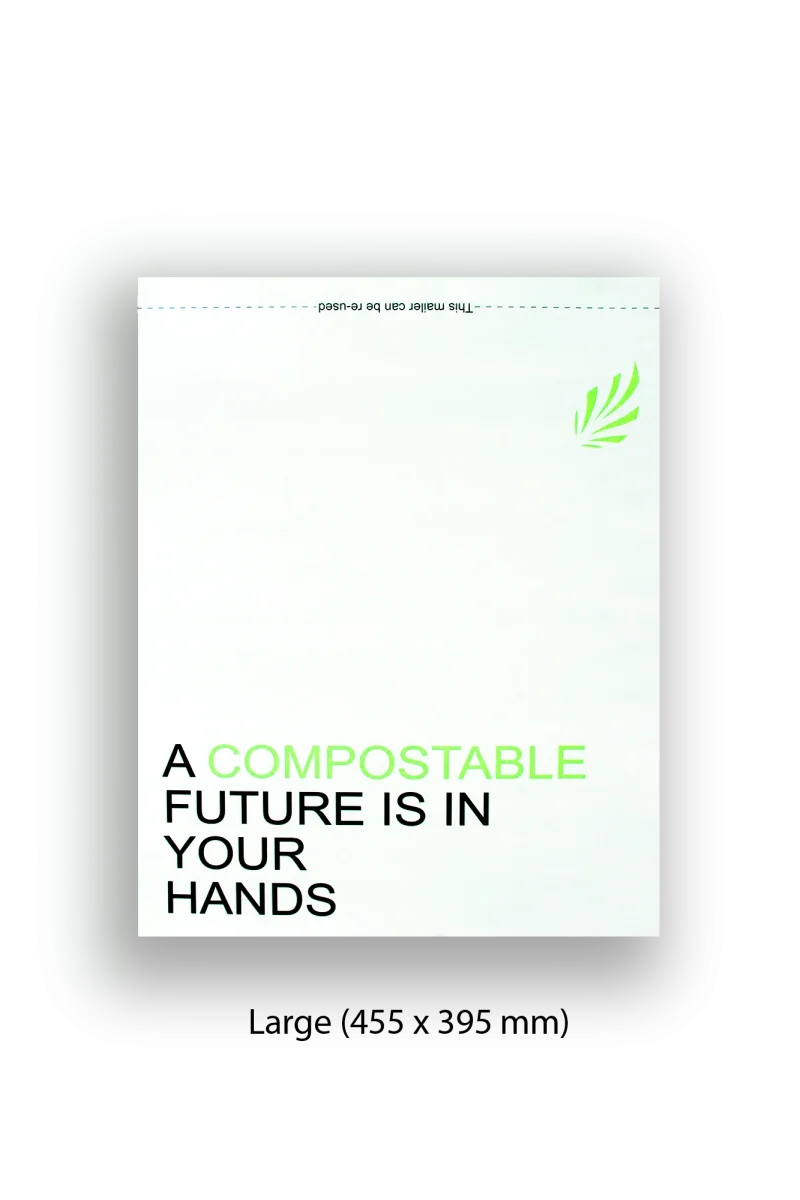 Close-up of white compostable mailers with black and green text.