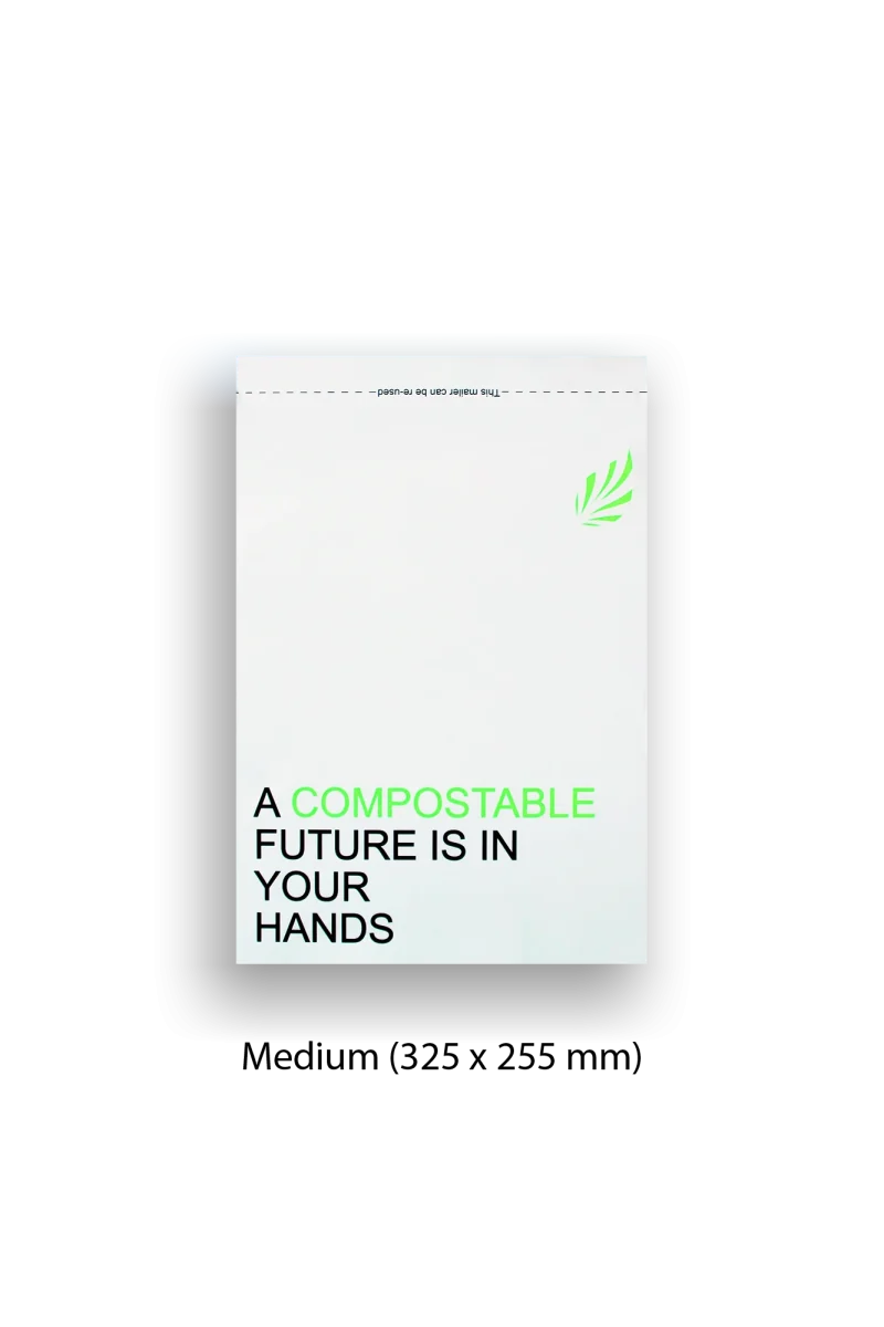 Frontside of medium white compostable mailer with black and green text.