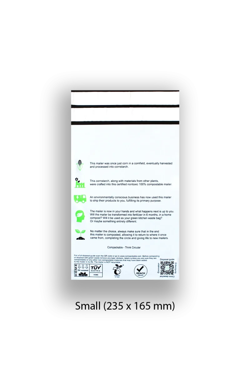 Backside of small white compostable mailer with black and green text.