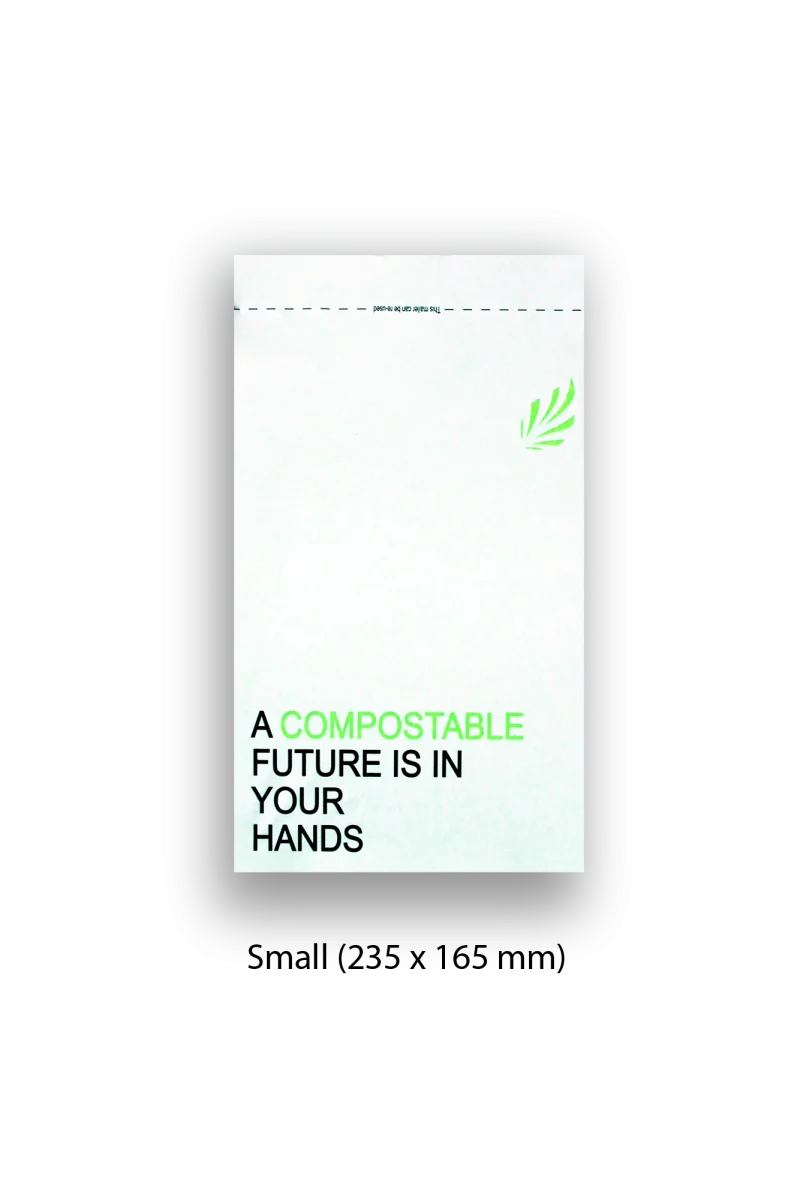 Frontside of small white compostable mailer with black and green text.