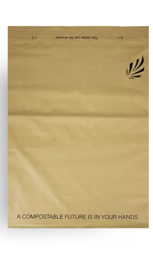 Frontside of XL caramel compostable mailer minimal design, with black text and logo.
