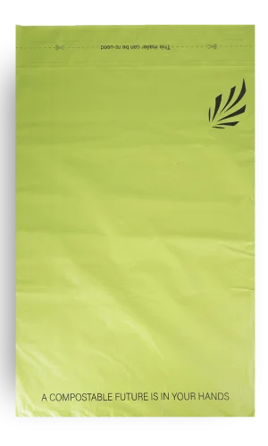 Frontside of XL green compostable mailer minimal design, with black text and logo.